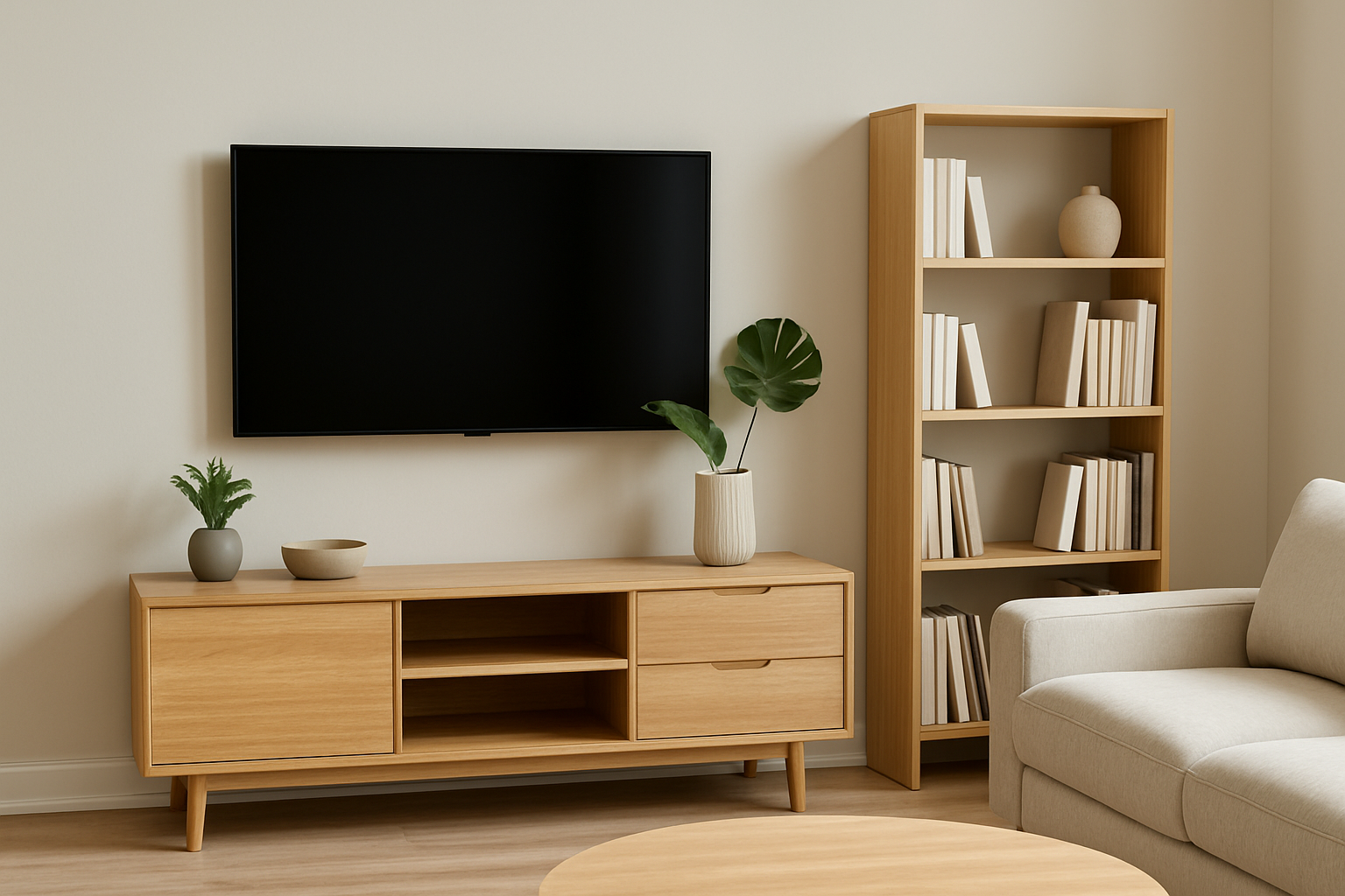 Salon z telewizorem zawieszonym na ścianie, nowoczesną szafką RTV z jasnego drewna, regałem na książki i wygodnym beżowym fotelem
