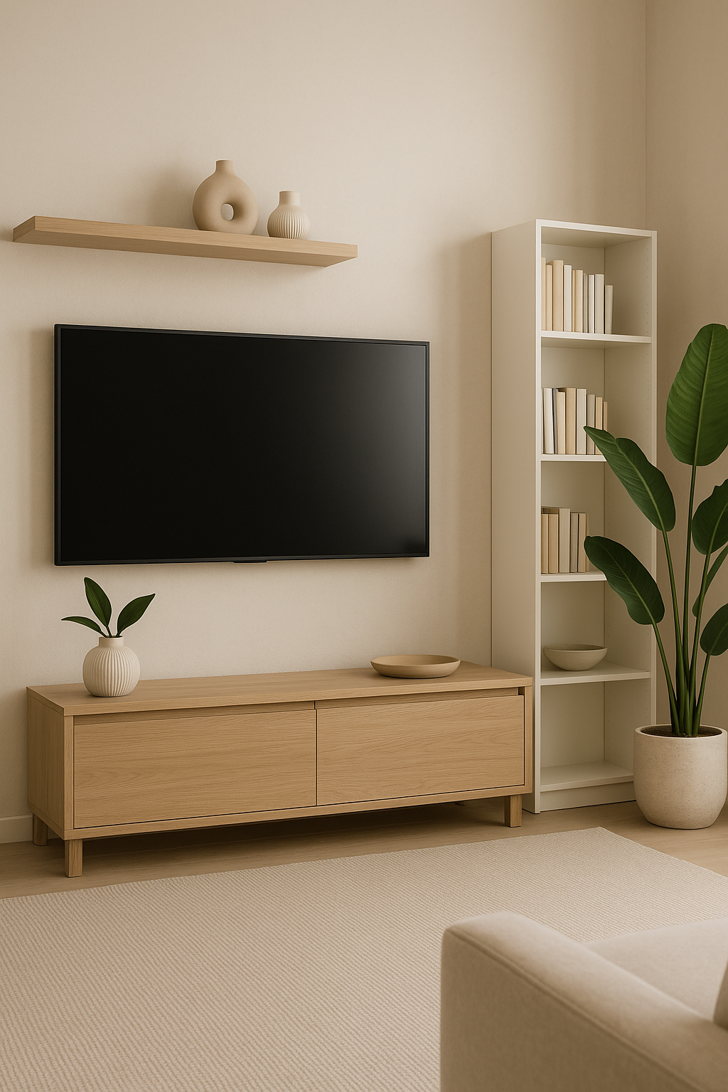 Wysokie ujęcie minimalistycznego salonu z telewizorem zawieszonym na ścianie, niską szafką RTV z jasnego drewna, półką z ceramicznymi dekoracjami, regałem na książki i dużą rośliną w donicy, utrzymane w stylu skandynawskim.