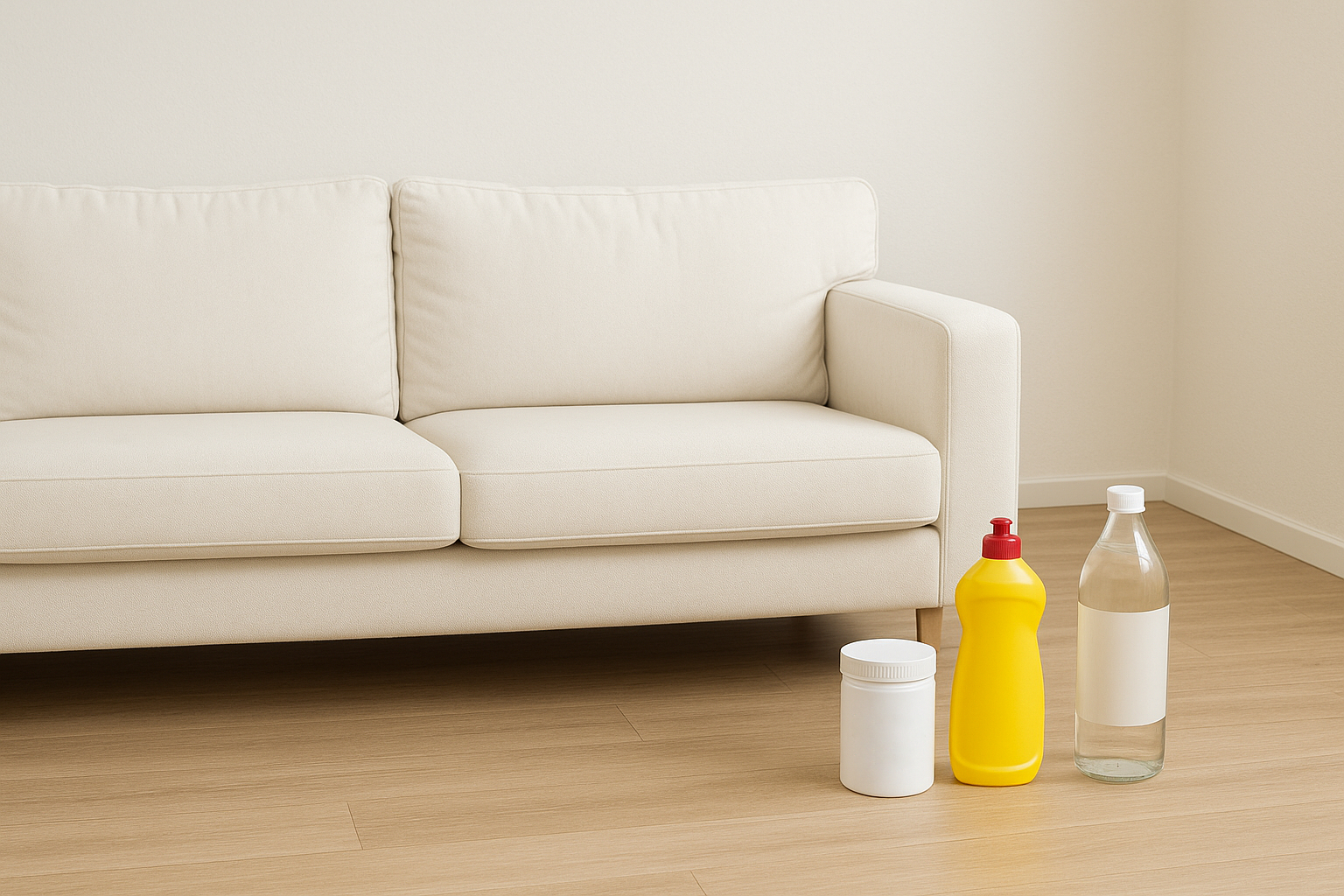 Biała sofa, obok której stoją trzy środki czystości: żółta butelka, biały pojemnik i szklana butelka.