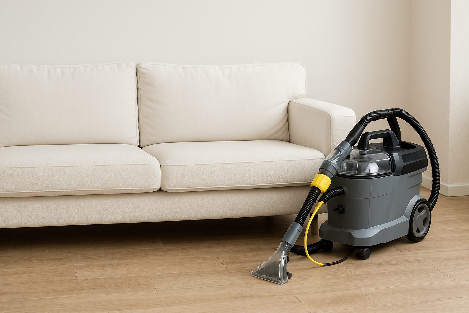 Biała sofa z profesjonalnym urządzeniem do prania tapicerki ustawionym obok na drewnianej podłodze.