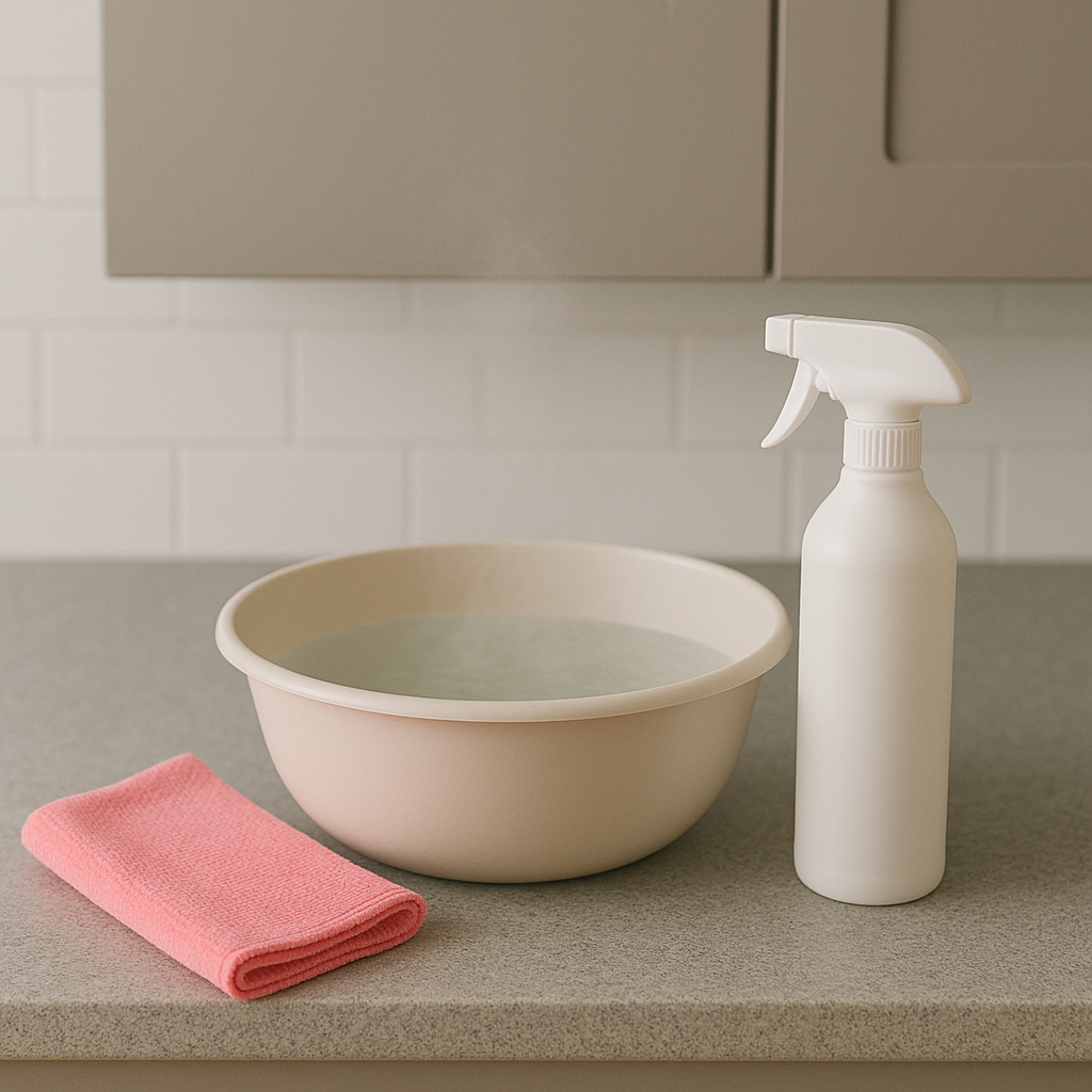 Miska z wodą, ściereczka i preparat do czyszczenia matowych mebli kuchennych