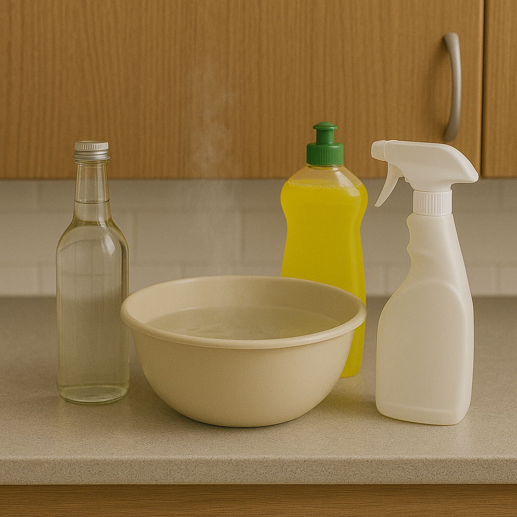 Środki czystości i miska z gorącą wodą na tle mebli kuchennych z okleiny